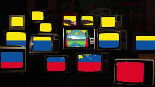 Stacked Retro TVs Displaying National Flag of Ecuador on Screens