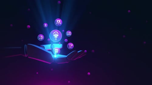 Futuristic Robotic Hand Presenting Digital Technology Icons