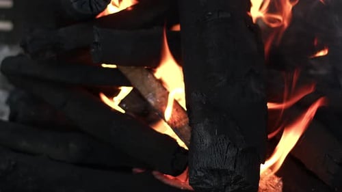 Charcoal Burning with Flames for Barbecue