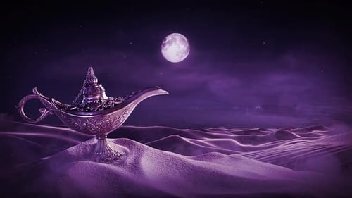 Ornate Magic Lamp in Desert Night with Full Moon