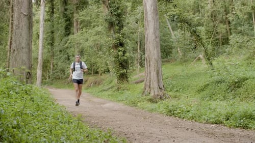 Man in Shorts Running on Trail in Forest