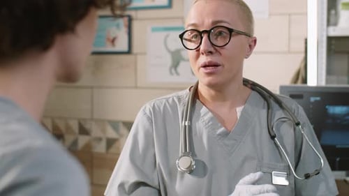 Female Vet Discussing Work with Colleague in Clinic