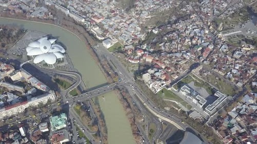 Top Aerial view of Baratashvili Bridge and Public Registry. Tbilisi Georgia