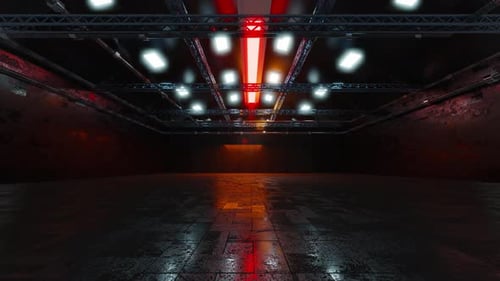 Futuristic Industrial Stage Walkthrough with Neon Lights