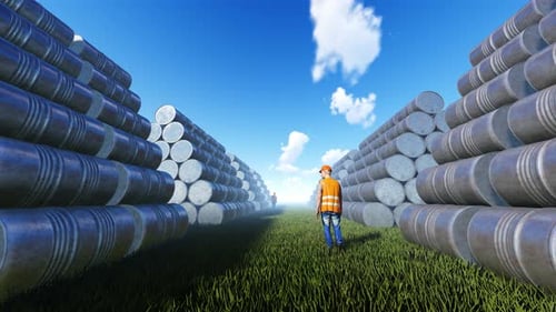 Worker Walking Through Industrial Oil Barrel Storage