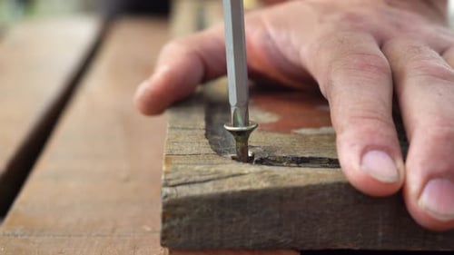 Fastening Screw Into Wood Plank With A Screwdriver. close up