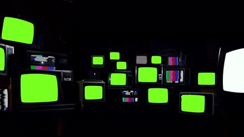 Different Types of TV Sets with Green Screens, Noise, and Test Patterns - Dark Tone - 4K
