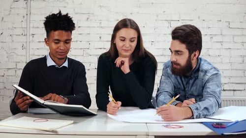 Fröhliche, vielfältige Gruppe von Studenten oder ein junges Geschäftsteam, das an einem Projekt arbeitet