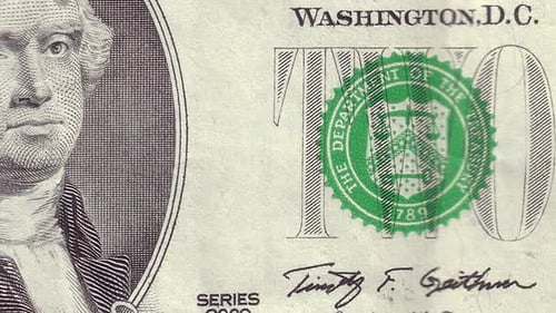 2 USD close-up motion. Two cash american dollars macro view background