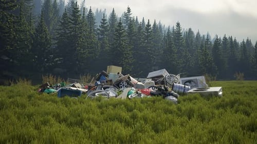 Rubbish dump on the meadow near the forest.. Junkyard full of messy trash