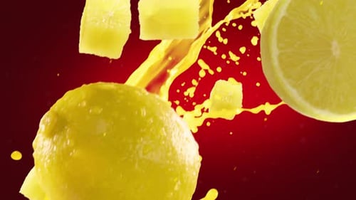 Limón con rodajas cayendo sobre fondo rojo intenso