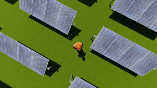 Personaje que trabaja cerca de paneles solares