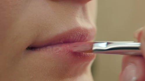 Make-up Artist Paints Lips with Brush for Make-up