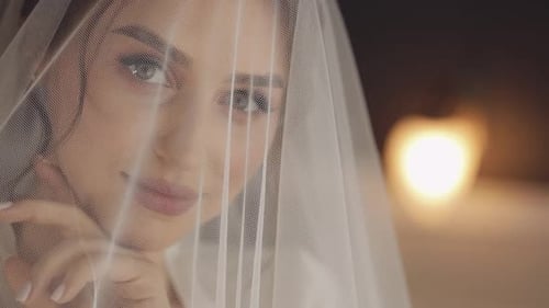 Gorgeous Bride Posing with White Veil in Studio