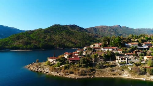 Picturesque Village on Lake Shore, Aerial View