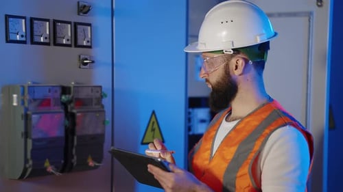 Electrician is Checking Meter Reading and Making Notes in Tablet