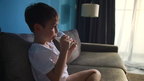 Boy Drinking Milk on Couch Indoors