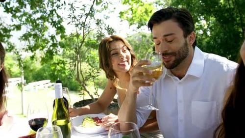 Group of friends interacting with each other while drinking wine
