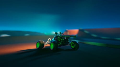 RC Car race on the sandy track. Loopable animation of a miniature model of buggy