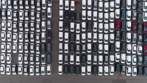 Aerial View of the Parked New Cars at the Automotive Plant.