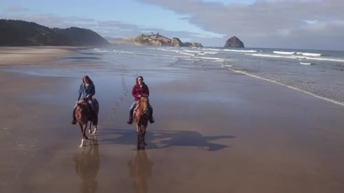 Aerial view of women riding horses at beach