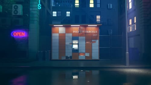 Animation en timelapse en boucle du casier à colis. Les portes s'ouvrent et se ferment rapidement.