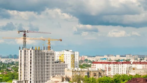 Cityscape Time Lapse, Large Tower Cranes Build Multi-storey Buildings