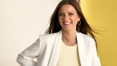 Business woman freelancer in white suit