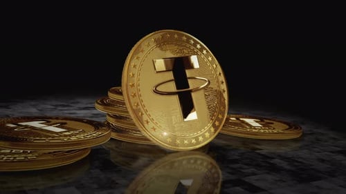 Tether USDT Stablecoin Kryptowährung Golden Coin Loop auf dem digitalen Bildschirm