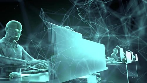 Futuristic Wireframe People Working in Digital Network