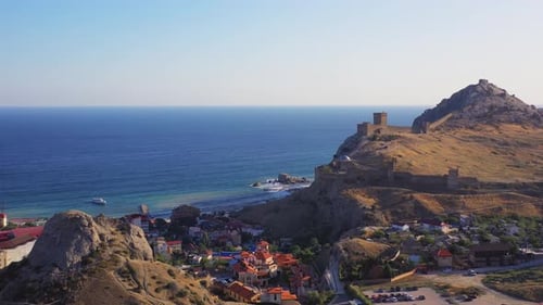 Genoese Medieval Fortress on the Hill By the Sea in the Town of Sudak in Crimea. Aerial View