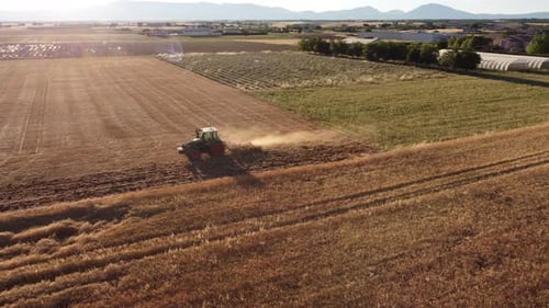 Tractor Tilling Golden Farm Field on Sunny Day