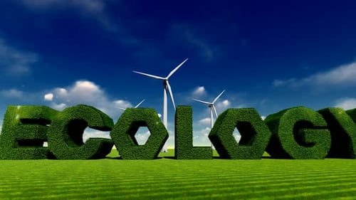 Nature-Themed Ecology Word Reveal with Spinning Wind Turbines