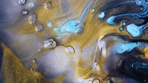 Abstract Gold and Blue Paint Mix Macro