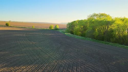 Aerial View of Plowed Agricultural Fields with Cultivated Fertile Soil Prepared for Planting Crops