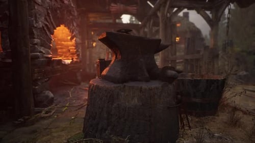 Blacksmiths Tools Hammer and Anvil in Old Blacksmiths Workshop