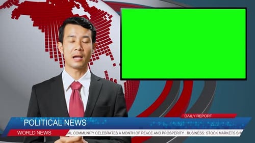 Live News Studio With Male Anchor Reporting On The Political, Video Story Show Green Chroma Key
