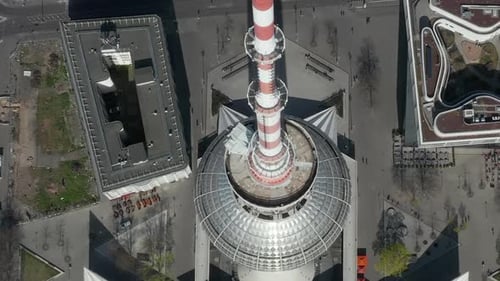 AERIAL: Wide View of Empty Berlin, Germany Alexanderplatz TV Tower with Almost No People or Cars on