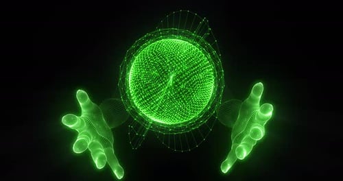 main sur Réseau mondial, carte du monde, intelligence artificielle numérique, technologie Ai, cloud de données, 5G, vert