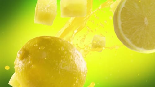 Lemon with Slices Falling on Lime Green Background