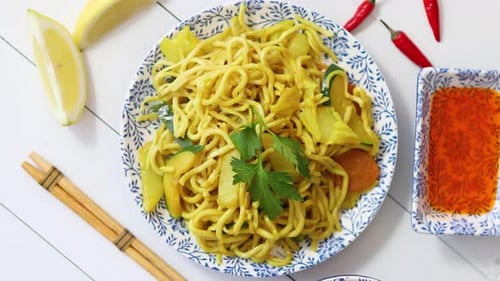 Plate of Noodles with Zucchini and Fresh Herbs