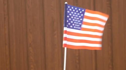 United States Flag Waving Against Wood Background