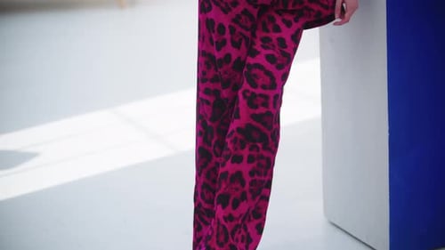 Stylish Woman in Pink Leopard Print Suit Posing