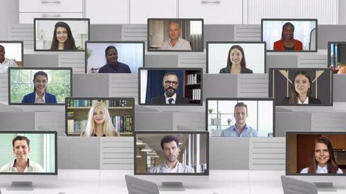 Portrait of multi ethnic group of business people working from home and office with remote computer,