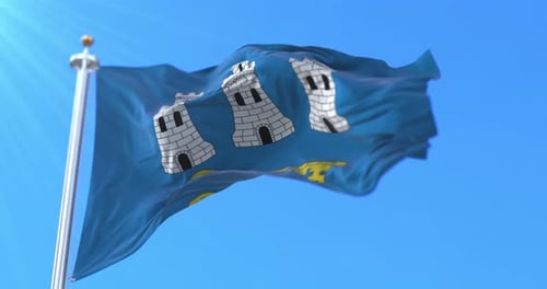 Waving Blue Flag with Castle Towers and Golden Key