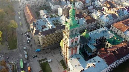 Aerial Video of Saint Maria Church in Central Part of Old City of Lviv, Ukraine