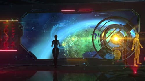 Futuristic HUD and Robot with Rotating Planet Earth Hologram