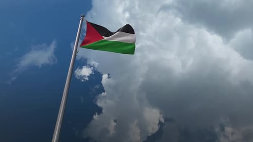 Realistic Palestinian Flag Waving Against Dynamic Sky
