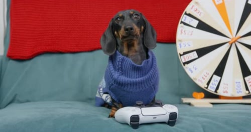 Adorable Dachshund in Sweater with Game Controller