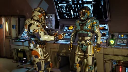 Futuristic Robots Interacting in Sci-Fi Control Room Animation